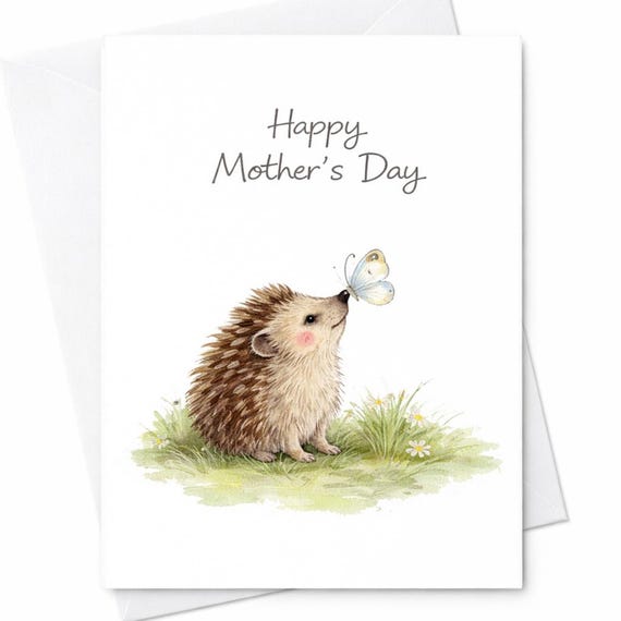 Happy Mother's Day Hedgehog Card Cute Animal Mom Card Sweet Nature Mom Gift Minimal Woodland Card Butterfly Hedgehog Art Card C518