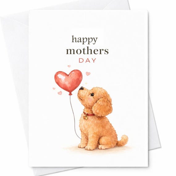 Cute Dog Mothers Day Card Puppy With Heart Balloon Happy Mothers Day Card Sweet Dog Lover Gift From Daughter Son Pet Lover Card C568