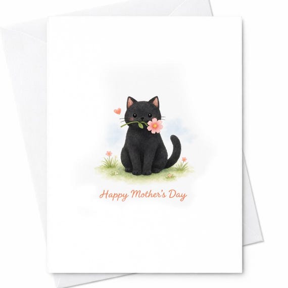 Cute Cat Mothers Day Card Black Cat With Flower Happy Mothers Day Card Sweet Cat Lover Gift Minimal Pet Card From Daughter Son C571