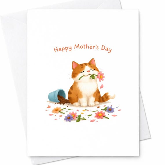 Cute Cat Mothers Day Card Orange Cat With Flower Messy Garden Funny Happy Mothers Day Card Cat Lover Gift From Daughter Son C572