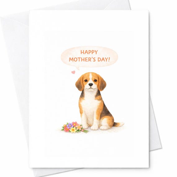 Cute Dog Mothers Day Card Puppy With Flowers Happy Mothers Day Card Beagle Lover Gift From Kids Wife Husband Minimal Design C574