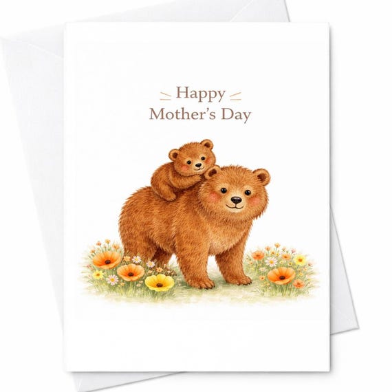 Cute Bear Mothers Day Card Mom Baby Bear Happy Mothers Day Card Woodland Animal Mom Gift From Daughter Son Sweet Minimal C578