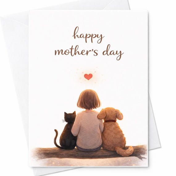 Cute Mothers Day Card Girl With Dog And Cat Heart Sweet Mom Gift Minimal Happy Mothers Day Card From Daughter Son Pet Lover Card C569