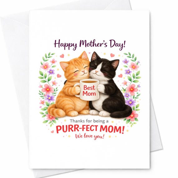 Cute Cat Mothers Day Card Two Cats Best Mom Mug Purrfect Mom Funny Cat Lover Gift From Kids Daughter Son Wife Sweet Card C583