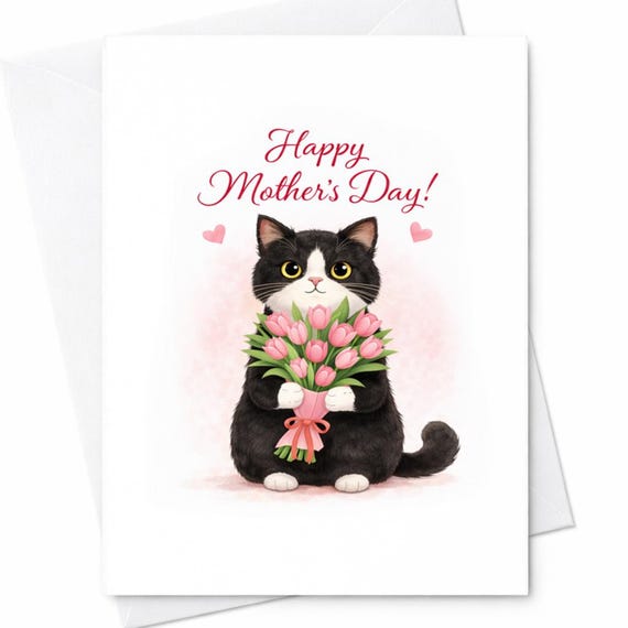 Happy Mothers Day Cat Card Cute Cat With Flowers Mothers Day Card Cat Lover Gift From Kids Daughter Son C589