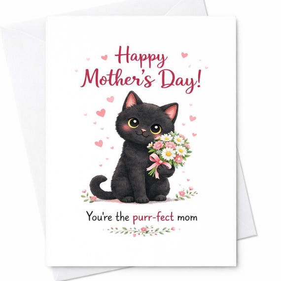 Happy Mothers Day Youre The Purrfect Mom Cat Card Cute Black Cat With Flowers Mothers Day Gift Cat Lover C595