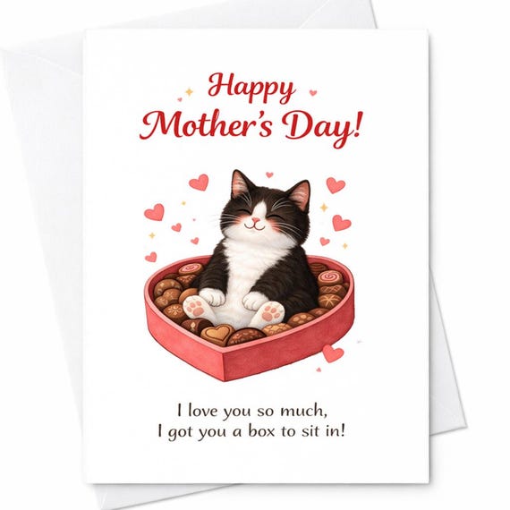 Funny Cat Mothers Day Card Cat In Chocolate Box I Got You A Box To Sit In Cute Cat Lover Gift From Kids Daughter Son Wife C584