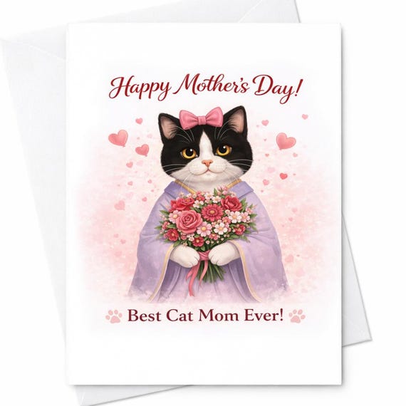 Best Cat Mom Ever Card Happy Mothers Day Cat Lover Gift Cute Cat With Flowers From Kids Daughter Son Wife C585