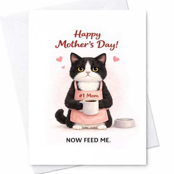 Happy Mothers Day Cat Card Funny Cat Mom Card Now Feed Me Cute Cat Lover Gift From Kids Daughter Son C587