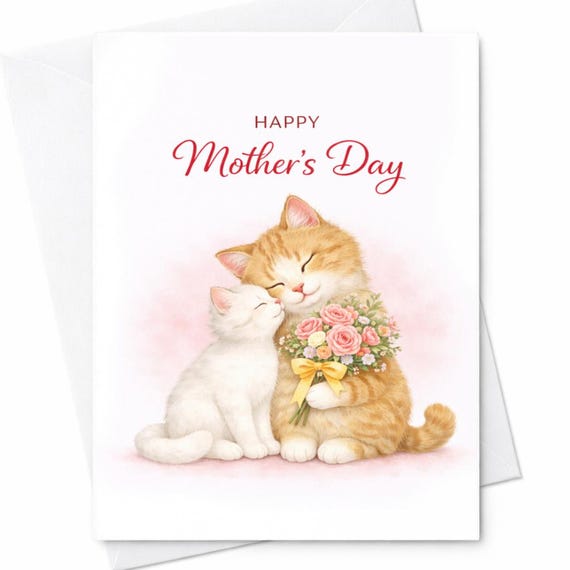 Happy Mothers Day Cat Card Cute Mom Cat With Kitten Flowers Mothers Day Card Cat Lover Gift From Kids C590