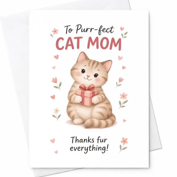 To Purrfect Cat Mom Mothers Day Card Cute Cat With Gift Funny Cat Lover Card Thanks Fur Everything Gift C596