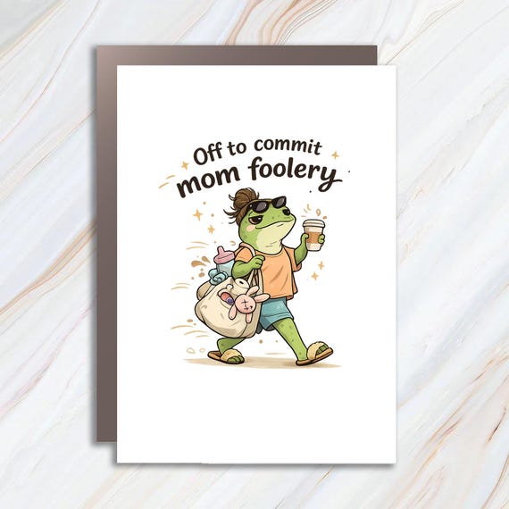 Mama Frog Greeting Card Off To Commit Mom Foolery Funny Frog Scooter Gift For Mom Pregnancy Announcement MC118