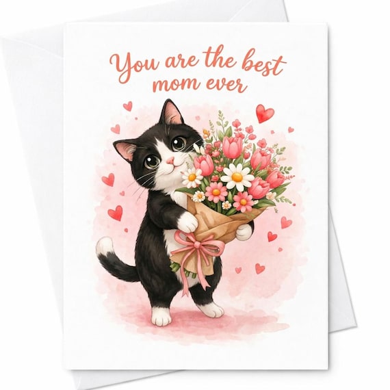 You Are The Best Mom Ever Cute Cat Mother’s Day Card For Mom Sweet Floral Kitten Loving Gift C684
