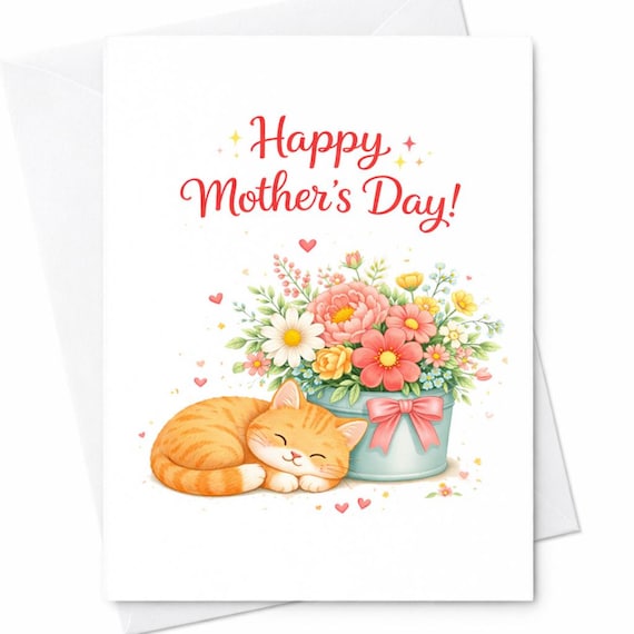 Happy Mother’s Day Cat Card Cute Sleeping Kitten With Flowers Gift For Mom Sweet Floral Mother’s Day Card Cat Lover Gift Pretty Design C687