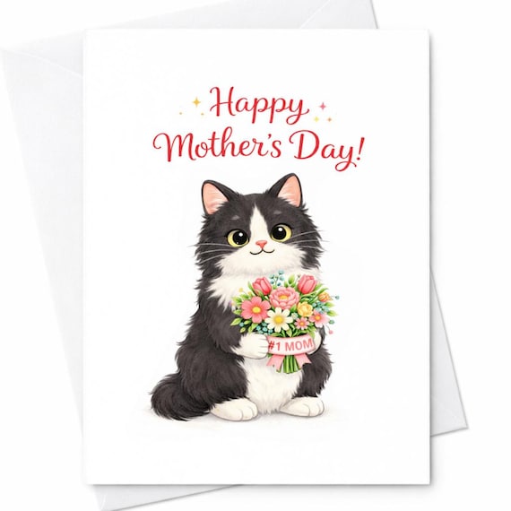 Happy Mother’s Day Cat Card Cute Black and White Kitten with Flowers Gift for Mom Sweet Cat Lover Card Adorable Floral Design C692