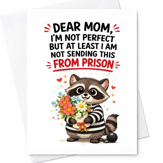 Dear Mom I’m Not Perfect Funny Mother’s Day Card Raccoon Prison Joke Cute Animal Humor Card For Mom Sarcastic Mother’s Day Gift C689