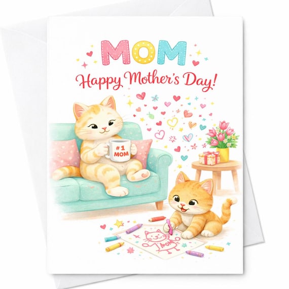 Happy Mother’s Day Mom Cute Cat Card Kitten Mom And Baby Cat Sweet Family Gift For Mom Adorable Cat Lover Mother’s Day Card C691