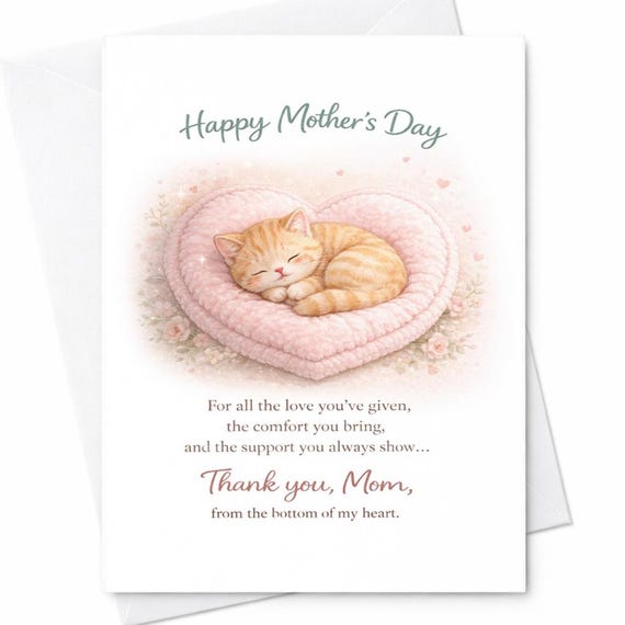 Sentimental Mother’s Day Card Thank You Mom From The Heart Cute Cat Card Loving Message Card For Mom Appreciation Gift C711