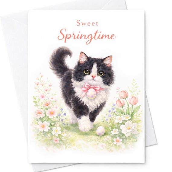 Springtime Cat Greeting Card Cute Floral Kitten Card Sweet Spring Card Easter Cat Card Adorable Cat Lover Gift Cute Animal Card C713