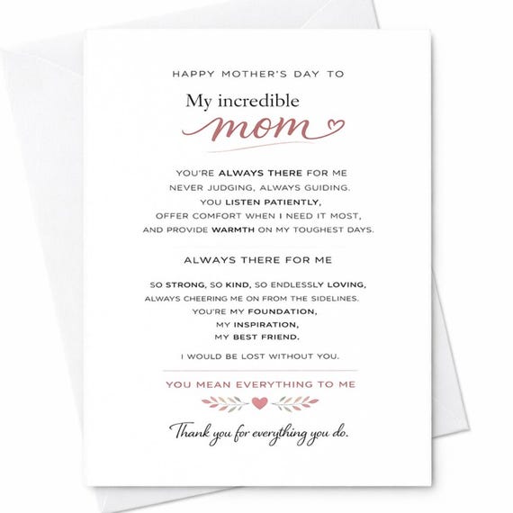 Mother’s Day Card For Mom Sentimental Message Card From Daughter Son Heartfelt Appreciation Loving Mom Gift Keepsake Card C720