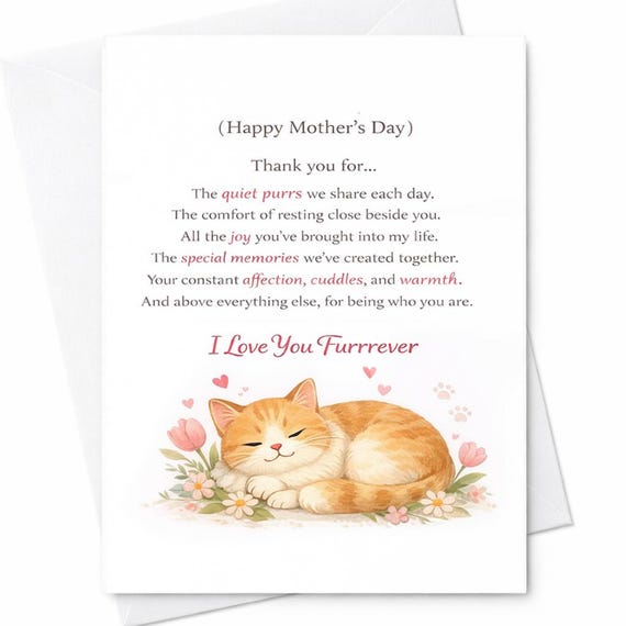 Cat Mom Mother’s Day Card From Cat I Love You Furrrever Cute Kitten Card Pet Lover Gift Sentimental Cat Mom Appreciation Card C724