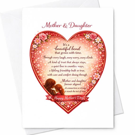 Mother And Daughter Mother’s Day Card Heart Poem Card Sentimental Gift For Mom From Daughter Loving Message Keepsake Card C719
