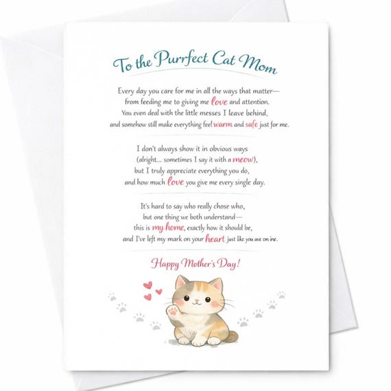 Cat Mom Mother’s Day Card Purrfect Cat Mom Card From Cat Cute Kitten Card Pet Lover Gift Sentimental Cat Mom Appreciation Card C722