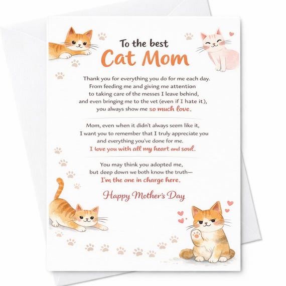 Cat Mom Mother’s Day Card From Cat Funny Cute Cat Card Best Cat Mom Gift Pet Lover Card Sweet Appreciation Card From Kitty C723