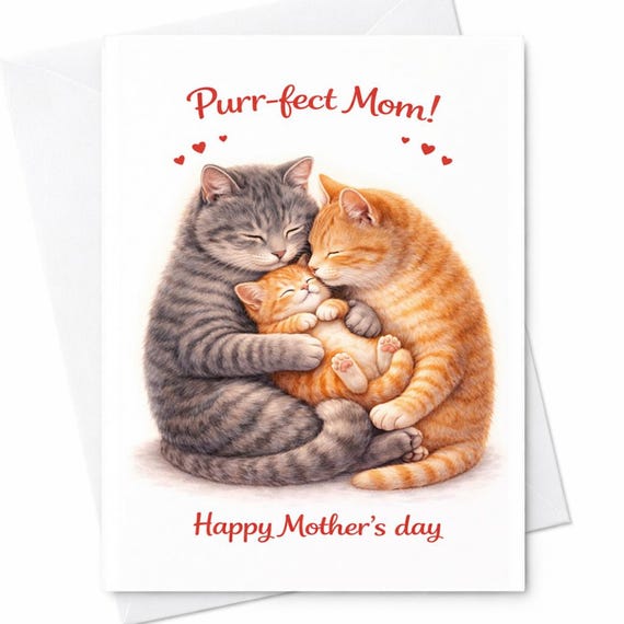 Cat Mom Mother’s Day Card Purr-fect Mom Card Cute Cats Family Card Kitten Love Card Pet Lover Gift Sweet Cat Mother Card C732