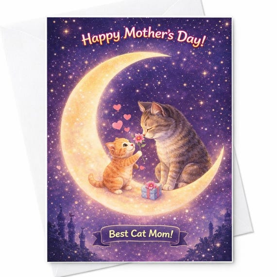 Cat Mom Mother’s Day Card Moon Cat Card Night Sky Cat Lover Gift Cute Kitten Mom Card Starry Cat Art Cat Lover Present C733
