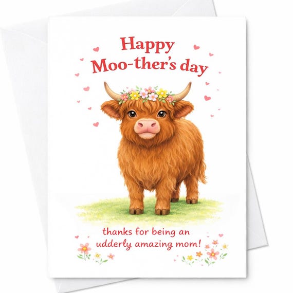Funny Mother’s Day Cow Card Moo-ther’s Day Card Udderly Amazing Mom Card Cute Highland Cow Card Farm Animal Mother’s Day Gift C740