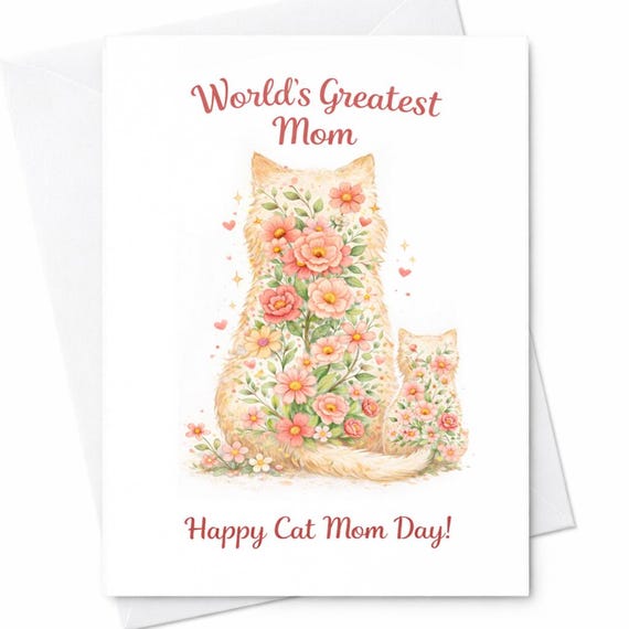 Cat Mom Mother’s Day Card World’s Greatest Mom Cat Card Floral Cat Illustration Cat Lover Gift Elegant Cat Mom Mother’s Day Card C743