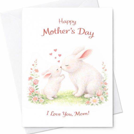 Happy Mother’s Day Bunny Card Cute Rabbit Mom Card I Love You Mom Sweet Animal Mother’s Day Gift Card From Kids C796