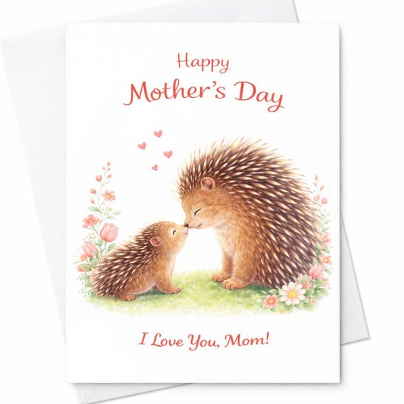 Happy Mother’s Day Hedgehog Card Cute Animal Mom Card Sweet I Love You Mom Card From Kids Adorable Mother’s Day Gift Card C795