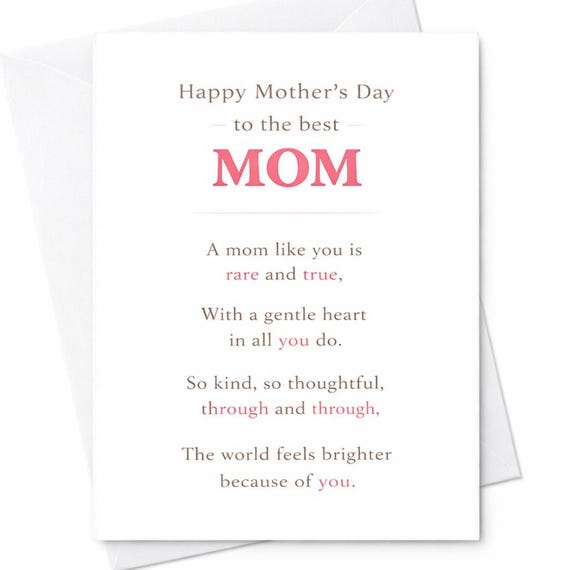 Happy Mothers Day To The Best Mom Poem Card A Mom Like You Is Rare And True Heartfelt Mom Card Loving Mother Gift From Daughter Son C814