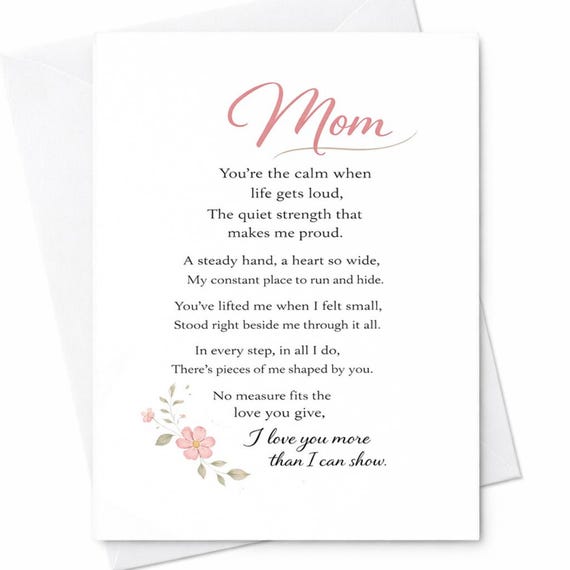 Mom Poem Card Emotional Mothers Day Card Heartfelt Mom Poem I Love You More Than I Can Show Card Loving Mother Gift C816