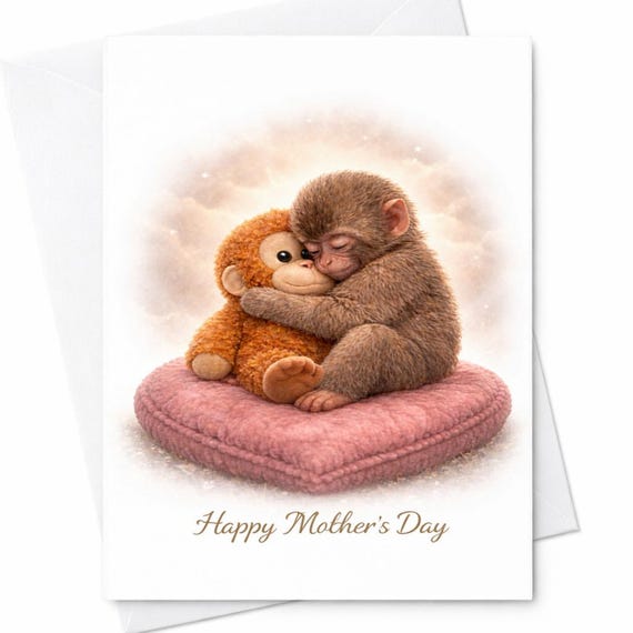 Monkey Punch Greeting Card, Baby Monkey Hug Mother's Day Card C824