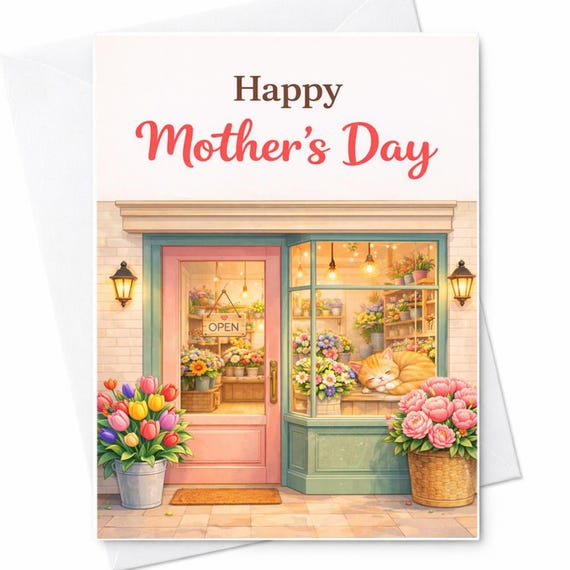 Happy Mothers Day Flower Shop Cat Floral Storefront Cute Mom Card Spring Flowers Boutique Mom Gift Idea C819