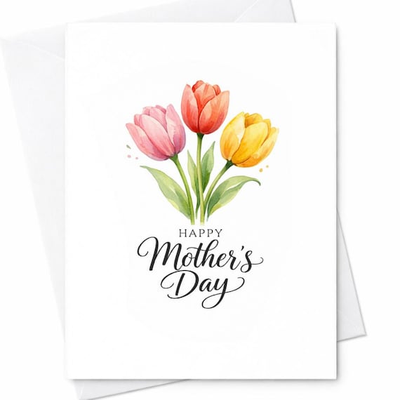 Happy Mother’s Day Tulip Flower Card Watercolor Floral Design Elegant Mom Gift Cute Spring Bouquet Greeting Card Minimalist C1029