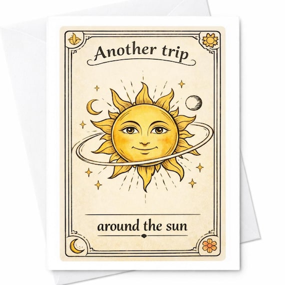 Another Trip Around The Sun Birthday Card Vintage Sun Moon Illustration Cute Aesthetic Funny Gift For Her Him C1045