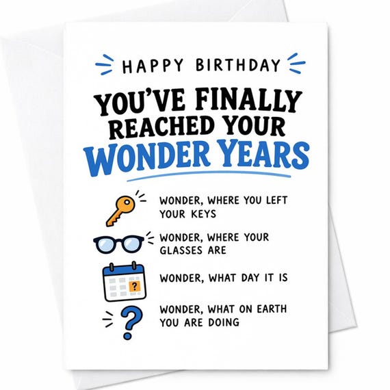 Happy Birthday You’ve Finally Reached Your Wonder Years Funny Card Keys Glasses Calendar Humor Old Age Gift For Him Her C1055