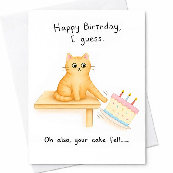 Happy Birthday I Guess Oh Also Your Cake Fell Funny Cat Card Cute Pet Humor Sarcastic Birthday Gift For Him Her C1056