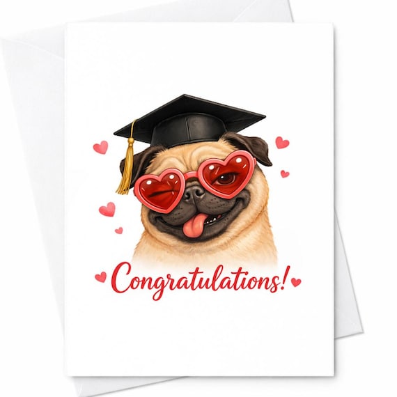 Funny Pug Graduation Card Heart Sunglasses Cute Dog Congrats Grad Card College Graduation Gift Idea Pet Lover Card C1178
