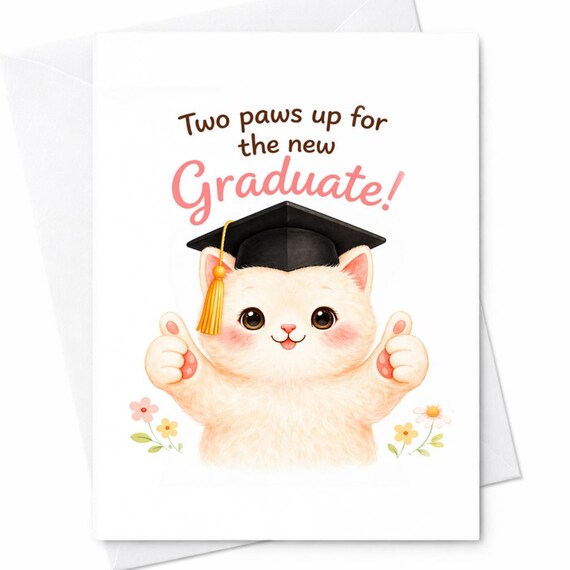 Funny Cat Graduation Card Two Paws Up For The New Graduate Cute Kitten Congrats Grad Card College Graduation Gift Idea C1179