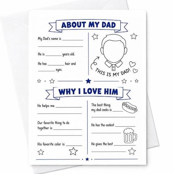About My Dad Fill In Card Fathers Day Card Kids Activity Dad Questionnaire Card From Child Personalized Keepsake Gift For Dad C1188