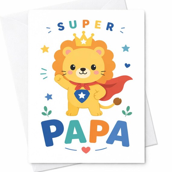 Super Papa Fathers Day Card Cute Lion Dad Gift From Kids Son Daughter Spanish Dad Card Colorful Fun Design C1270