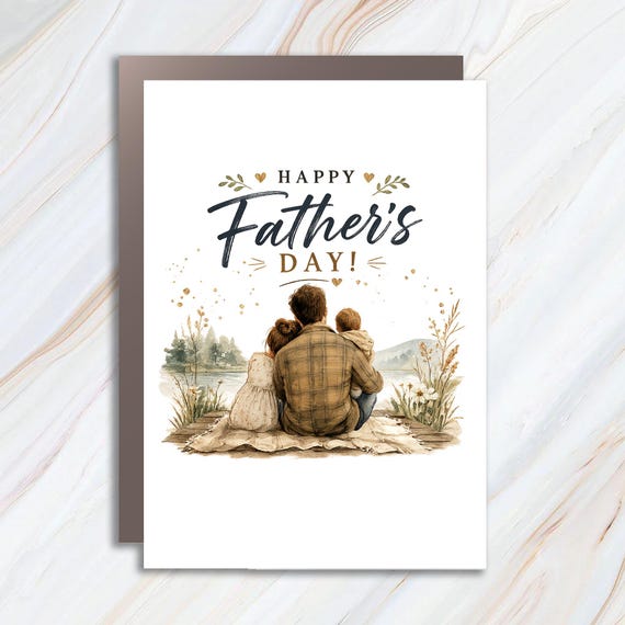 Father's Day Greeting Card, Dad With 2 Kids, Happy Father's Day From Children, Keepsake Card For Dad