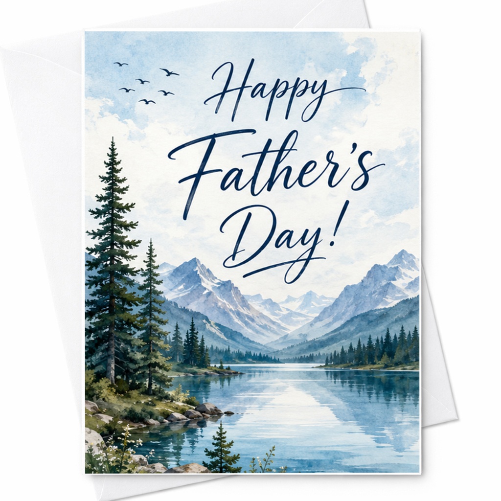 Happy Fathers Day Card Mountain Lake Nature Fathers Day Card Outdoor Dad Card Watercolor Scenic Adventure C1567