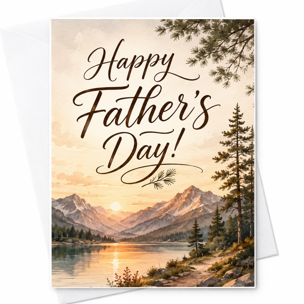 Happy Fathers Day Card Mountain Lake Nature Fathers Day Card Outdoor Dad Watercolor Scenic Adventure Card C1568