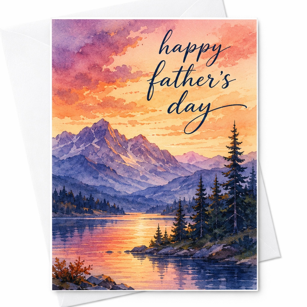 Happy Father's Day Card Mountain Lake Fathers Day Card Scenic Nature Dad Card Watercolor Outdoor Card C1573